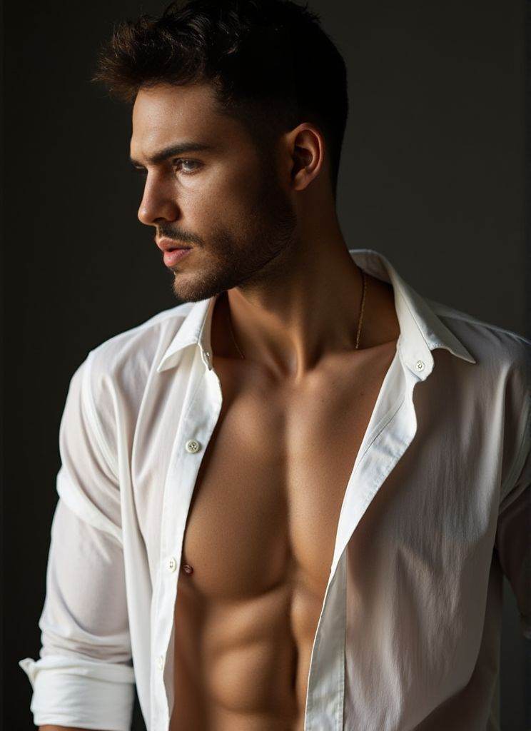 aaron owen ,  Photorealistic . sheer white shirt half‑removed. intricate fabric textures. dramatic studio lighting. ultra‑...