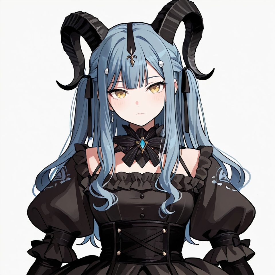 masterpiece, best quality,solo,(white background:1.2),simple background,1girl,looking at viewer,         togawa sakiko,bangs,ribbon,hair ribbon,black ribbon,two side up,blue hair,grey hair,sidelocks,blunt bangs,yellow eyes,long hair,wavy hair,shirt, gloves,dress,pantyhose,boots,black gloves,black footwear,high heels,black pantyhose,thighhighs, dress,tail, horns, black dress,hair ornament,<lora:舟祥ill20:0.8>