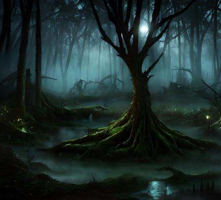 (masterpiece:1.2), (best quality,:1.2), 8k, HDR, ultra detailed, ((photorealistic)), professional light, cinematic lighting, fashion photography, ambient lighting, a sinister fantasy swamp, dead trees, fog, moonlight, vines, bushes, <lora:detail_slider_v4:2>, FanSwa, DarkFantasy, <lora:FantasySwamps-10:1>, ((perfect hands)), epiCPhoto