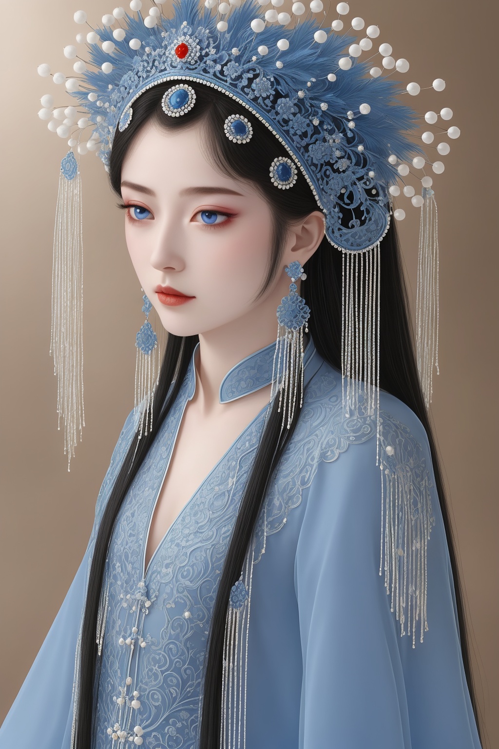 <lora:quyi2-000006:0.6>,quyi, 1girl, earrings, blue eyes, solo, beads, long hair, looking at viewer, chinese clothes, upper body, blue dress, dress, facial mark