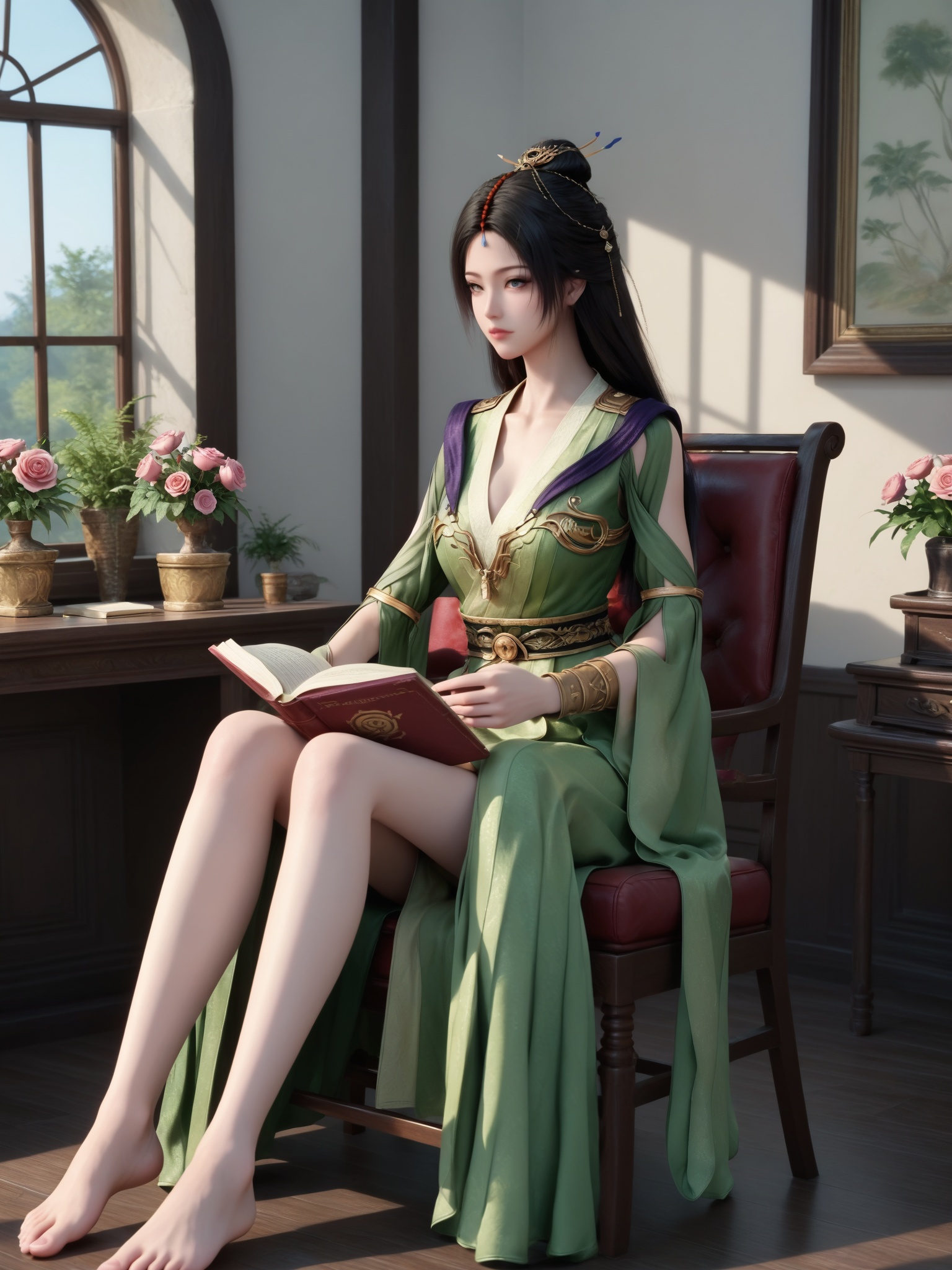 <lora:凡人修仙传-柳玉Pony:0.8>,1girl,long,straight,black hair,golden hairpin,flowing,green silk robe,with golden details,V-shaped neckline,gold-trimmed sleeves,high slit,wide belt,large,circular gold buckle cinches,flower,solo,sitting,plant,pink flower,book,holding,pink rose,holding book,rose,indoors,window,chair,red flower,potted plant,reading,feet out of frame,sunlight,open book,on chair,from side,floating hair,day,closed mouth,red rose,white flower,