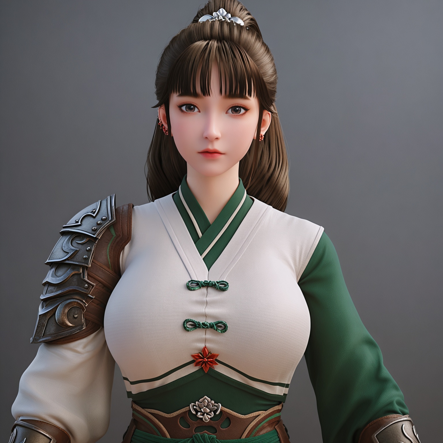 <lora:YQponyruanxiurV2:0.8>,1girl,q1528437228,solo,long_hair,bangs,ponytail,jewelry,earrings,black_hair,armor,realistic,black_eyes,chinese_clothes,brown_hair,ear_piercing,hair_ornament,shoulder_armor,long_sleeves,brown_eyes,japanese_clothes,sash,BREAK score_9,upper_body,portrait,shiny_skin,looking at viewer,cinematic lighting,volumetric lighting,solo focus,(huge breasts:0.9),(simple background,pure black background,black background:1.1),