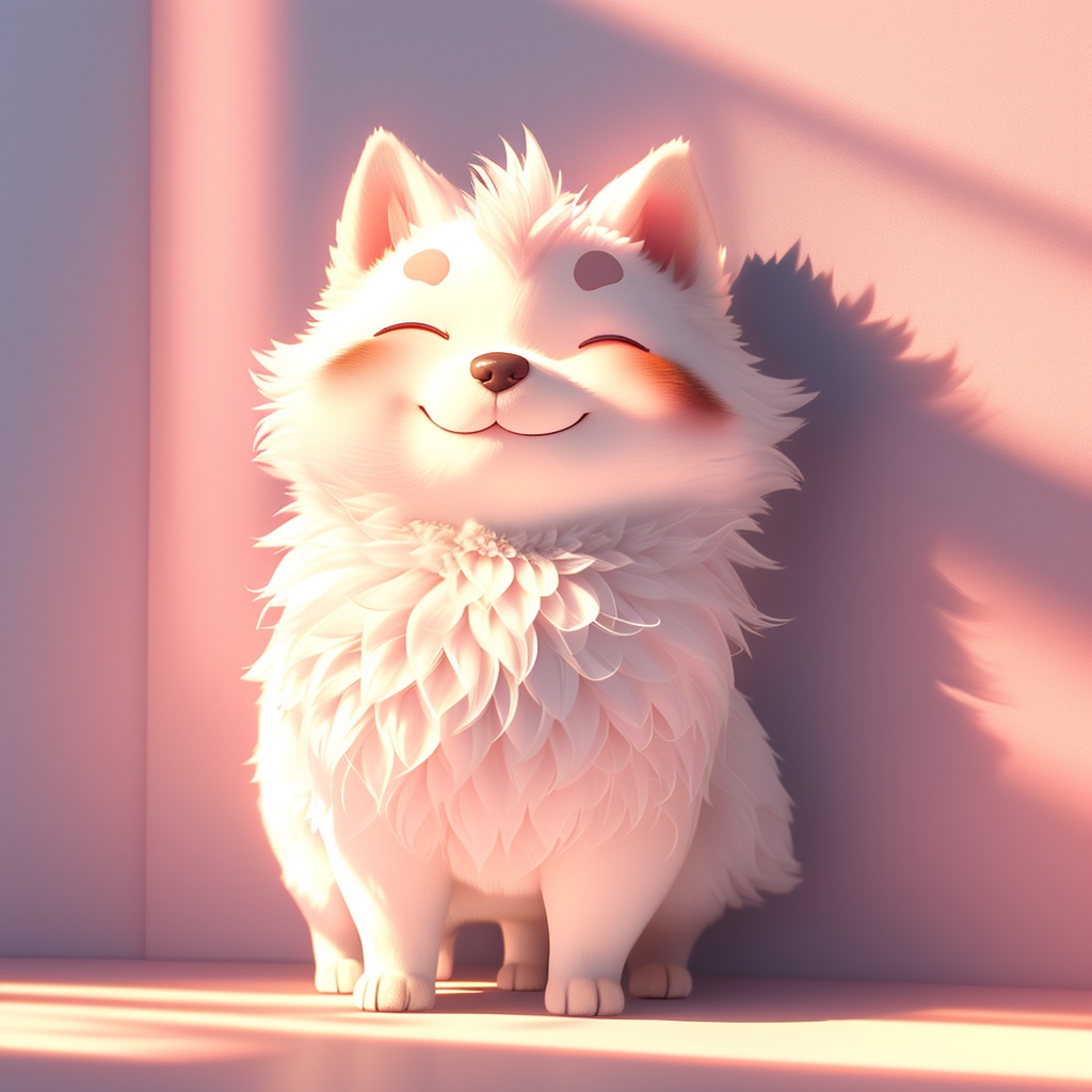 xugou,dog,fluffy,light particles,^ ^,whiskers,cute,warm colors,whimsy and dramatic lighting,white fur,soft lighting,dog focus,no humans,closed eyes,solo,smile,blush,,full body,closed mouth,standing,happy,facing viewer,simple background,shadow,<lora:xugou_v1:0.8>,