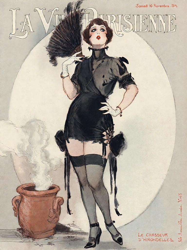 Bradhamel art style. A vintage Art Nouveau illustration of a woman in a black,  frayed,  high-necked dress with short slee...