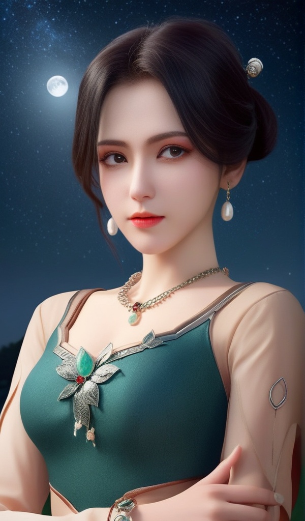 <lora:703-DA-XL-少年歌行-墨花雪:0.8>(,1girl, ,best quality, ),looking at viewer,masterpiece(,1girl,night, starry sky, milky way,outdoors, full moon,  night sky, darkness,  world of darkness, , ) ,ultra realistic 8k cg,   clean, masterpiece,     (( , )),, , , prestige, luxury, jewelry, diamond, gold, pearl, gem, sapphire, ruby, emerald, intricate detail, delicate pattern, charming, alluring, seductive, erotic, enchanting, hair ornament, necklace, earrings, bracelet, armlet,halo((, )), (),