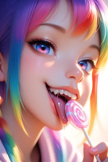 1girl, solo, rainbow hair, lollipop, teeth, saliva, bright lighting, close-up, licking lollipop, playful expression, candy wrapper, masterpiece, best quality