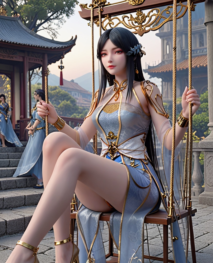 (oriental architecture, elegant decor, sophisticated style:1.1),(Sitting on a swing with legs extended, looking back,:1.1),looking at viewer,(breasts:1.2),<lora:XL斗破苍穹柳菲透纱新衣:0.95>,miss liufei,dress,long hair,black hair,chinese clothes,see-through,brown eyes,hair flower,parted bangs,makeup,, score_9,score_8_up,score_7_up,score_6_up,score_5_up,score_4_up,3d rendering,tag1,tag2, Cinematic Lighting,backlighting,