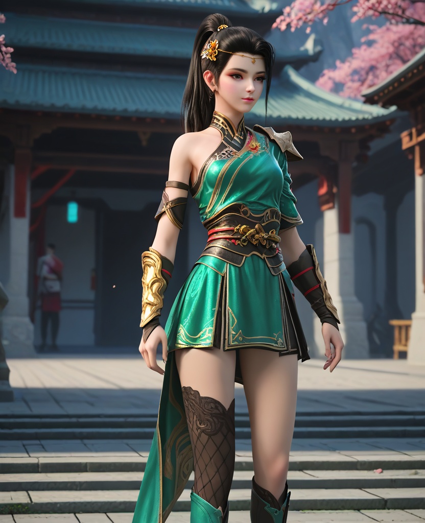 (oriental architecture, elegant decor, sophisticated style:1.1),Standing with one hand on the hip, other arm extended forward,,(breasts:1.2),<lora:XL16大主宰唐芊儿:0.95>,miss tangqianer,green single-sleeve robe,black miniskirt,gray eyes,black hair,ponytail,hair ornament,pauldron,sash,bracer,single bare shoulder,asymmetrical fishnets,high-heeled knee boots,black underwear,, zPDXL2, score_9, score_8_up, score_7_up BREAK realistic, masterpiece,best quality, highly detailed,, zPDXL3, zPDXL2,zPDXL, zPDXLxxx, zPDXLrl,