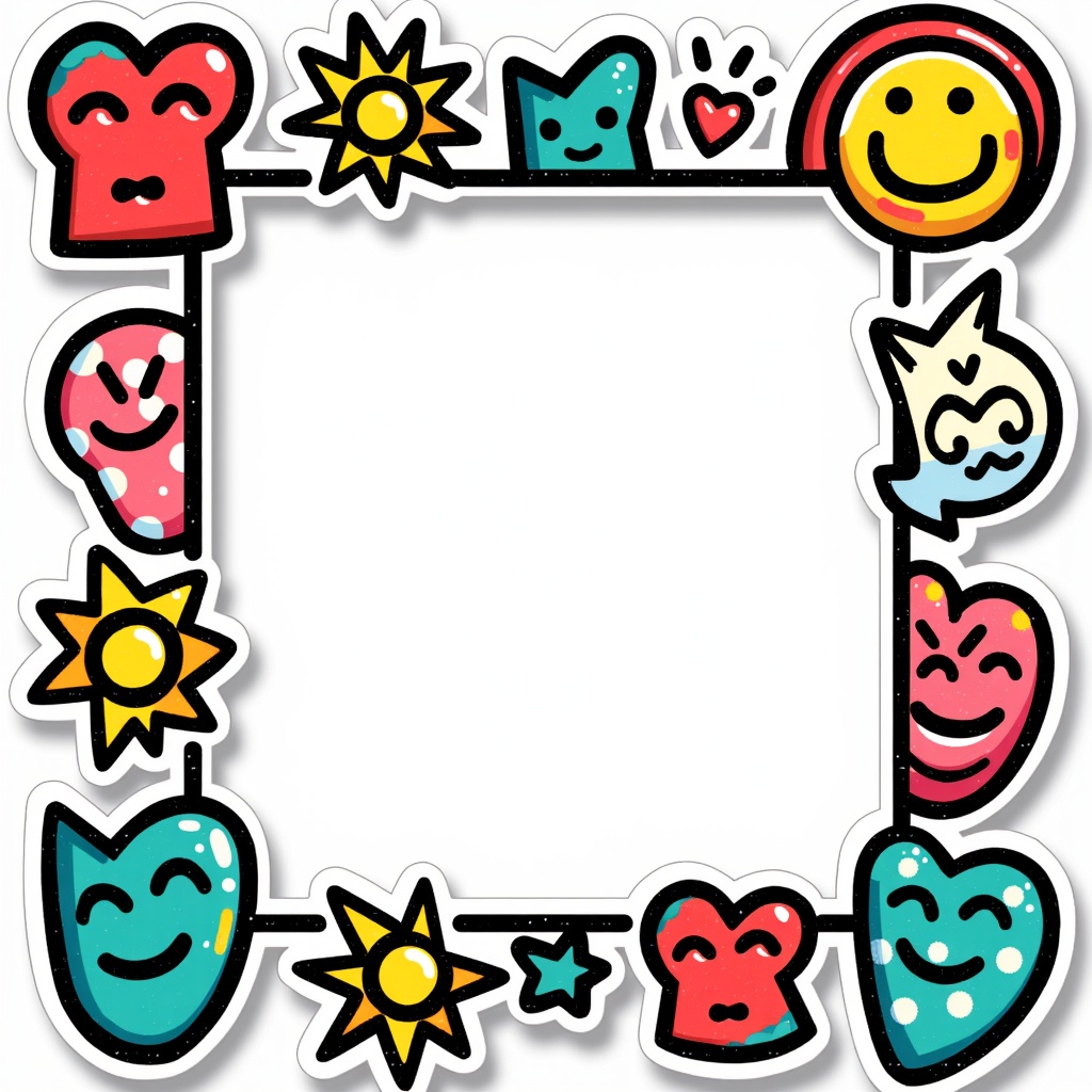 a close up of a picture frame with a lot of stickers on it,template sheet,glowforge template,unused sticker sheet,sticker sheet,template layout,keith haring style,square sticker,in style of lisa frank,graphic templates,symmetrical sticker design,sticker art,stickers,puffy sticker,rave background,planner stickers,sticker - art,graphic design background,sticker - svg,graffiti background,decora inspired,style of takashi murakami,card template,svg sticker art,cardstock,white frame border,card back template,sterile background,die cut sticker,sticker concept design,speech bubbles,layout frame,pop art patterns,