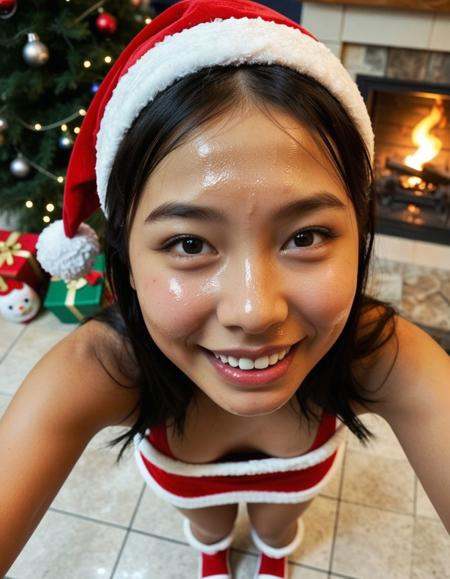 1girl,(asian girl face:.3),(ebony girl:.5),(chinese girl face:1.1),(slender face:.9),(jirai kei girl:0.1),(thin nose:1.3),(tareme,droopy eyes:1.4),(Slanted eyes:.9),(troubled eyebrows,Downward-slanting eyebrows,Drooping eyebrows:1.3),(thin eyebrows,light eyebrows,short eyebrows,light makeup,natural look:0.3),(parted lips,(perfect upper teeth,datailed upper teeth:1.1),(worst quality upper teeth:-1.5):1.3),(smile:1.5),,(night,indoors:1.3),fireplace,Christmas tree,miniskirt,santa costume,outdoors,detailed background,dynamic action pose,(full body:1.2),(dynamic angle),(from above angle:.3),HDR photography,depth of field, realistic, photorealistic,(avoiding harsh bright,ultra-realistic skin texture:1.3),(moisten skin,dampened skin,glossy skin,glossy skin face,oiled skin,oiled skin face,glistening skin:1.5),(waist view,waist up shot),high quality,highres,8k, <lora:dmd2 4 steps fix:1>,(cinematic lighting,subtle highlights:0.3),(night,dim lighting:1.1),( eyebrows:-1.3),