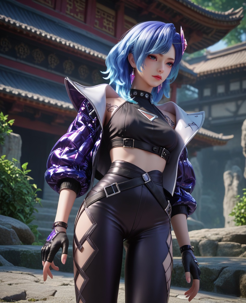 (oriental architecture, elegant decor, sophisticated style:1.1),(Legs apart, one hand on her hip and the other raised as if holding a bow, she channels the spirit of a legendary warrior:1.1),(breasts:1.2),<lora:XL16克金玩家柳菲:0.95>,miss liufei,atropurpureus jacket,black crop top,blue eyes,blue hair,hair ornament,earrings,gem,black fingerless gloves,tattoo,belt,leggings with built-in heels,, score_9,score_8_up,score_7_up,score_6_up,score_5_up,score_4_up,3d rendering,tag1,tag2, Cinematic Lighting,backlighting,, zPDXL3, zPDXL2,zPDXL, zPDXLxxx, zPDXLrl,