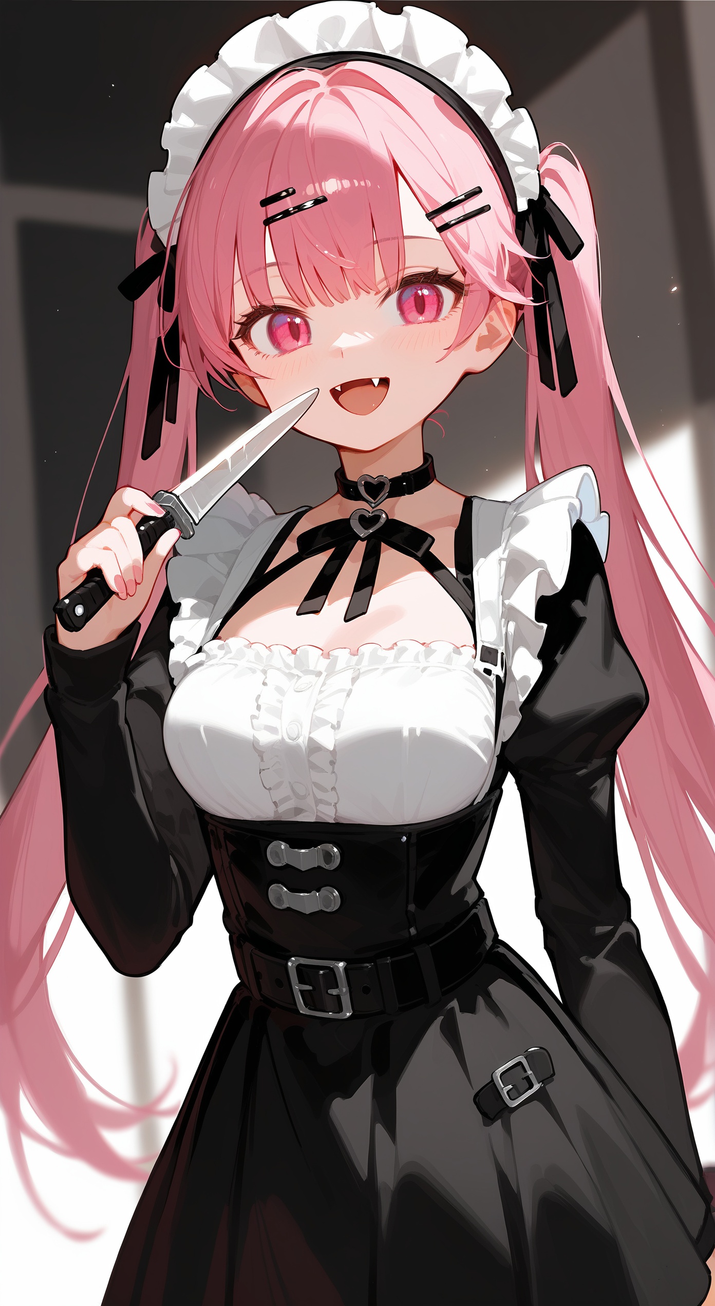 score_9,score_8_up,score_7_up,score_6_up,1girl,solo,pink hair,skirt,knife,holding,twintails,long hair,looking at viewer,heart,smile,hair ornament,shirt,hairclip,long sleeves,black shirt,holding knife,frills,hair intakes,pink eyes,open mouth,bangs,hairband,black skirt,choker,crop top,blush,:d,belt,ribbon,hair ribbon,black choker,midriff,fangs,collar,frilled shirt,maid headdress,breasts,black ribbon,very long hair,plaid,frilled hairband,blurry,dutch angle,black belt,red eyes,