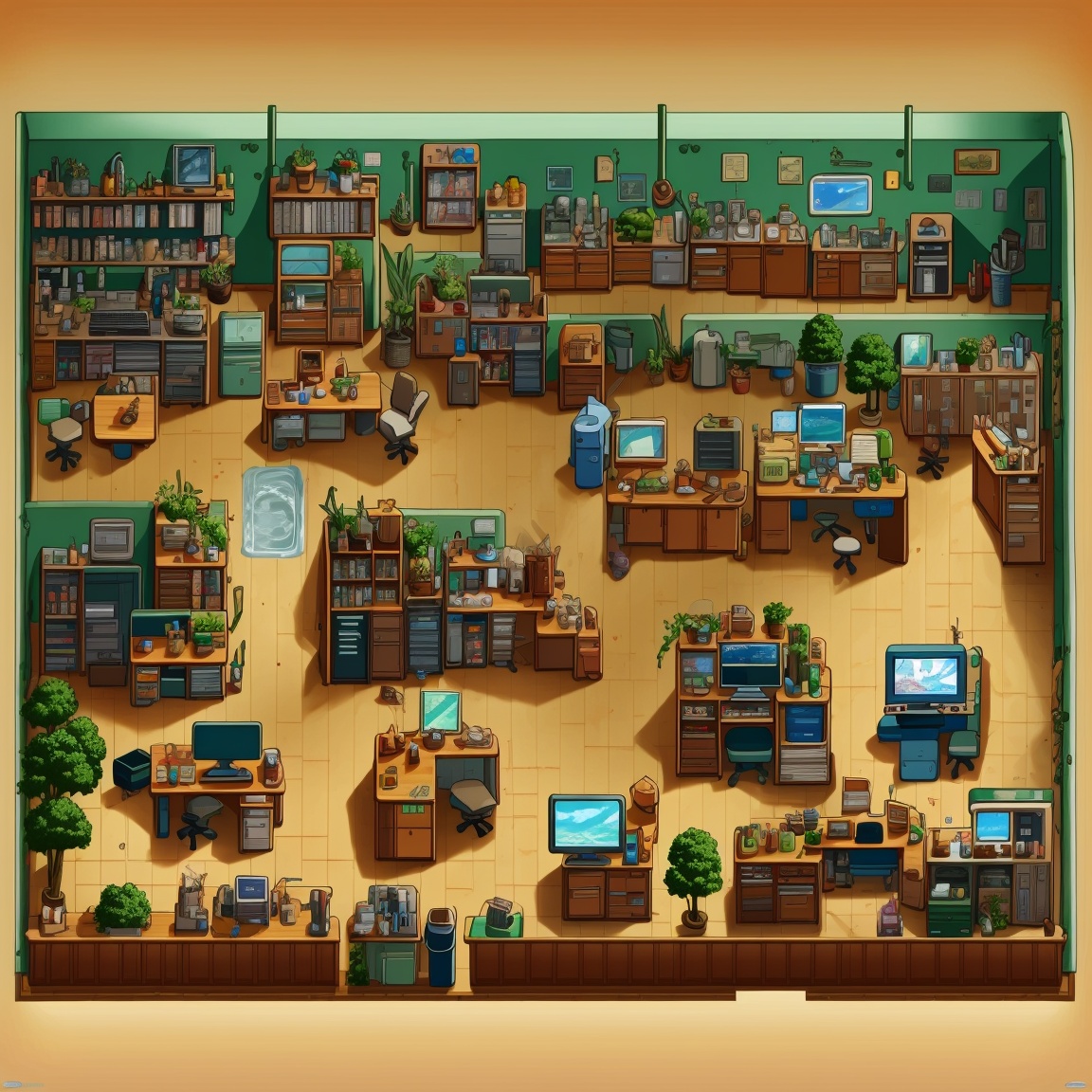 ((HRD, HUD, 8K)),((masterpiece, best quality)), highly detailed, soft light,GameScenes, plant, no humans, scenery, trash can, potted plant, mouse (computer), chair, box, computer, shelf, keyboard (computer), monitor, bottle, refrigerator, indoors, kitchen, cup, table, tiles, flower pot, television, <lora:20240330-1711769468704:0.9>