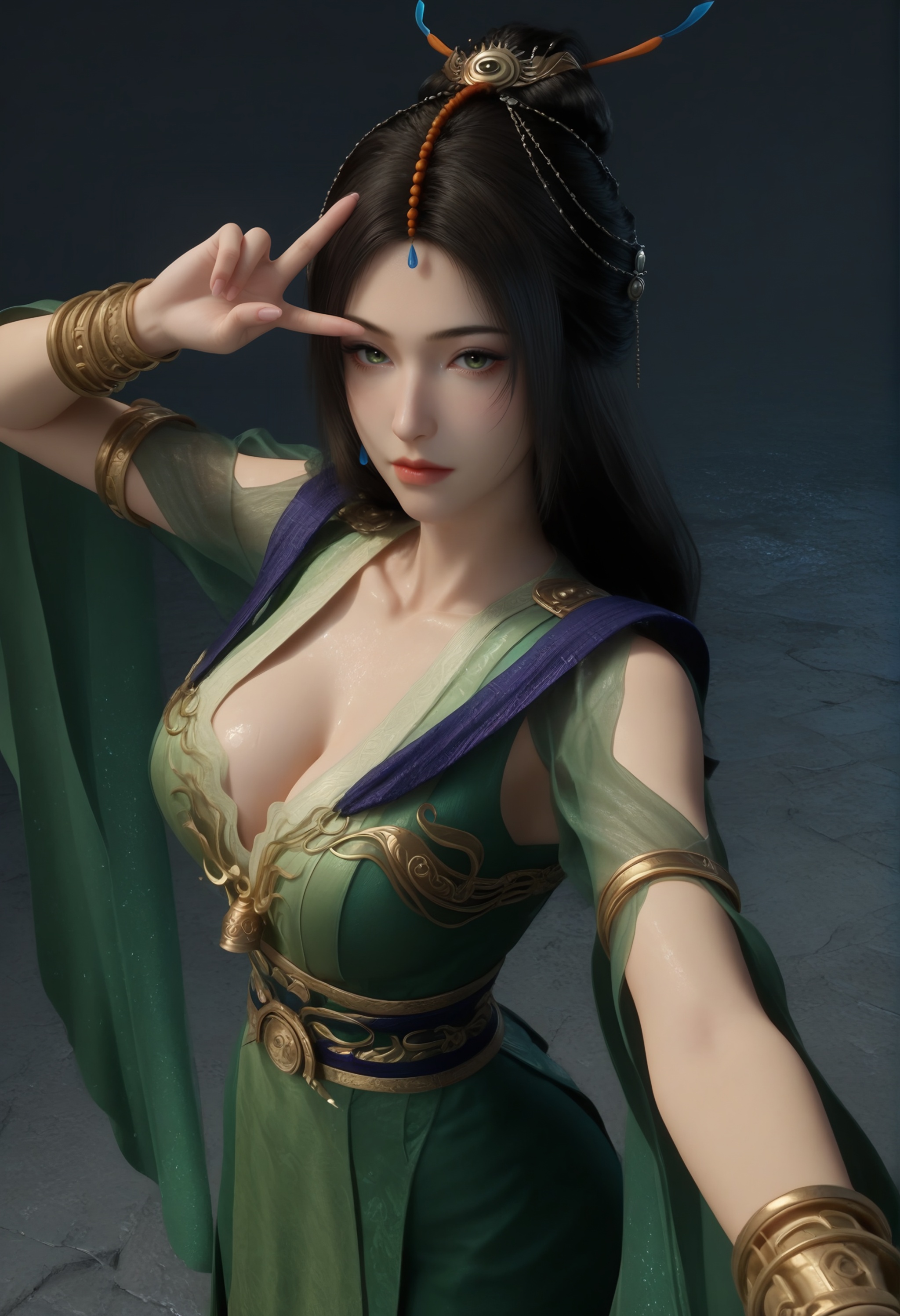 (score_9),cowboy shot,standing,<lora:柳玉-apony:0.83>,liuyu,1girl,solo,long hair,hair ornament,single hair bun,black hair,earrings,traditional dress,green_traditional dress,armlet,jewelry,waistband,chest bell,bracer,gold,see-through sleeves,mature_female,collarbone,pointy breasts,puffy breasts,(large teardrop breasts),teardrop breasts,teardrop breasts,cleavage,BREAK<lora:Expressive_H-000001:0.8>,light blush,Expressiveh,dutch angle,dynamic_angle,from above,selfie,v sign,closed mouth,<lora:皮肤凹痕:1.2>,fair_skin,(pale skin),(sweaty_skin),ultra-detailed skin texture,detailed textures,BREAKsimple background,<lora:e色温:-0.25>,sparkle,grey background,sparkle background,4K ultra HD,sharp focus,high detail,high contrast,