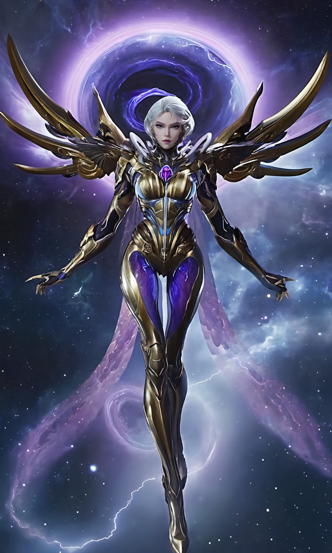 Bulolin,high angle view of a white-haired woman wearing purple and gold armor with golden wings,(large breast:1.2),purple special effect circle behind her,full body,in the milky way,lightning effects,<lora:tunshi-Bulolin-000018:0.9>,