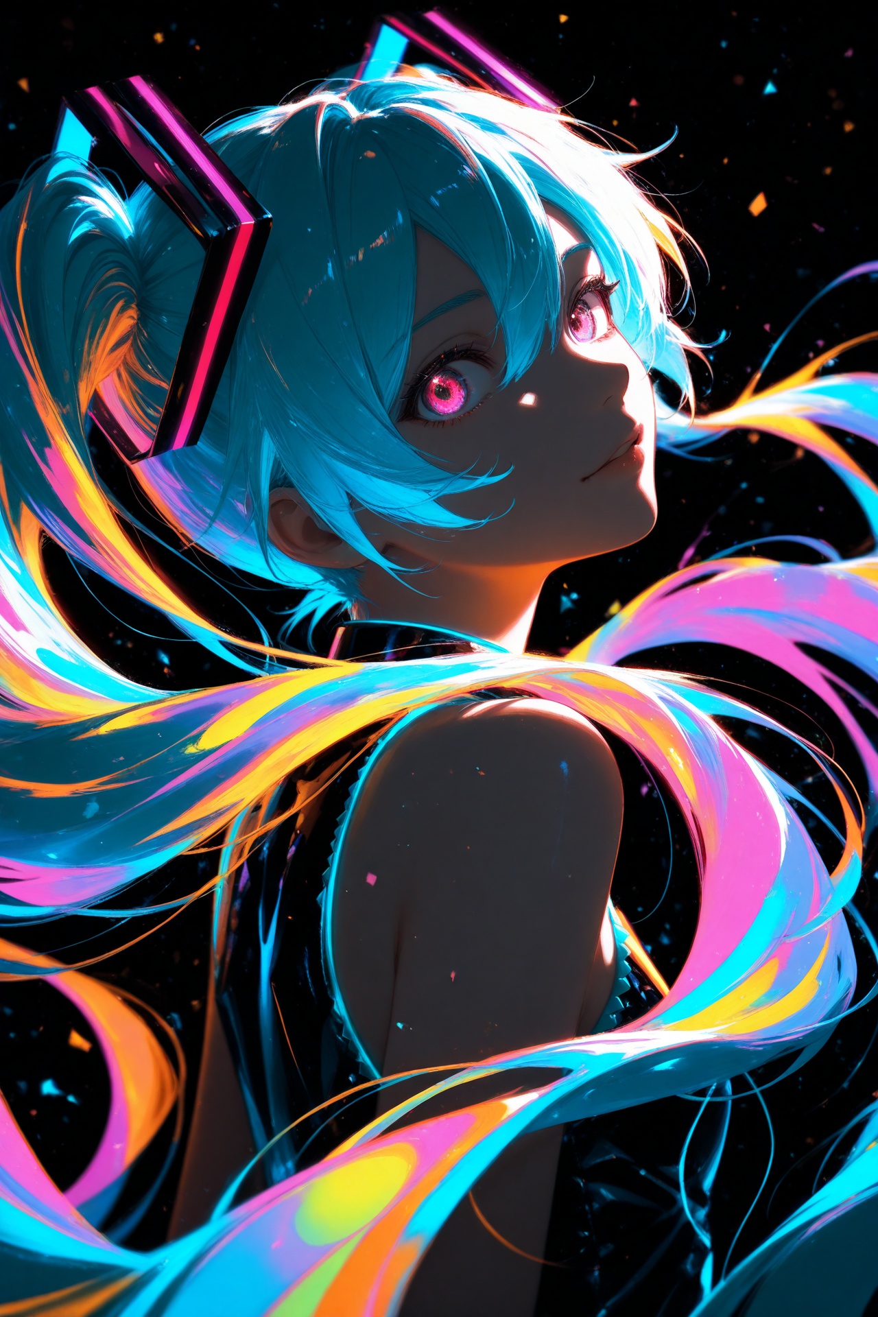 Hatsune Miku,limited palette,black background,vibrant,glowing outline,blacklight,looking at viewer,masterpiece,very aesthetic,from side,