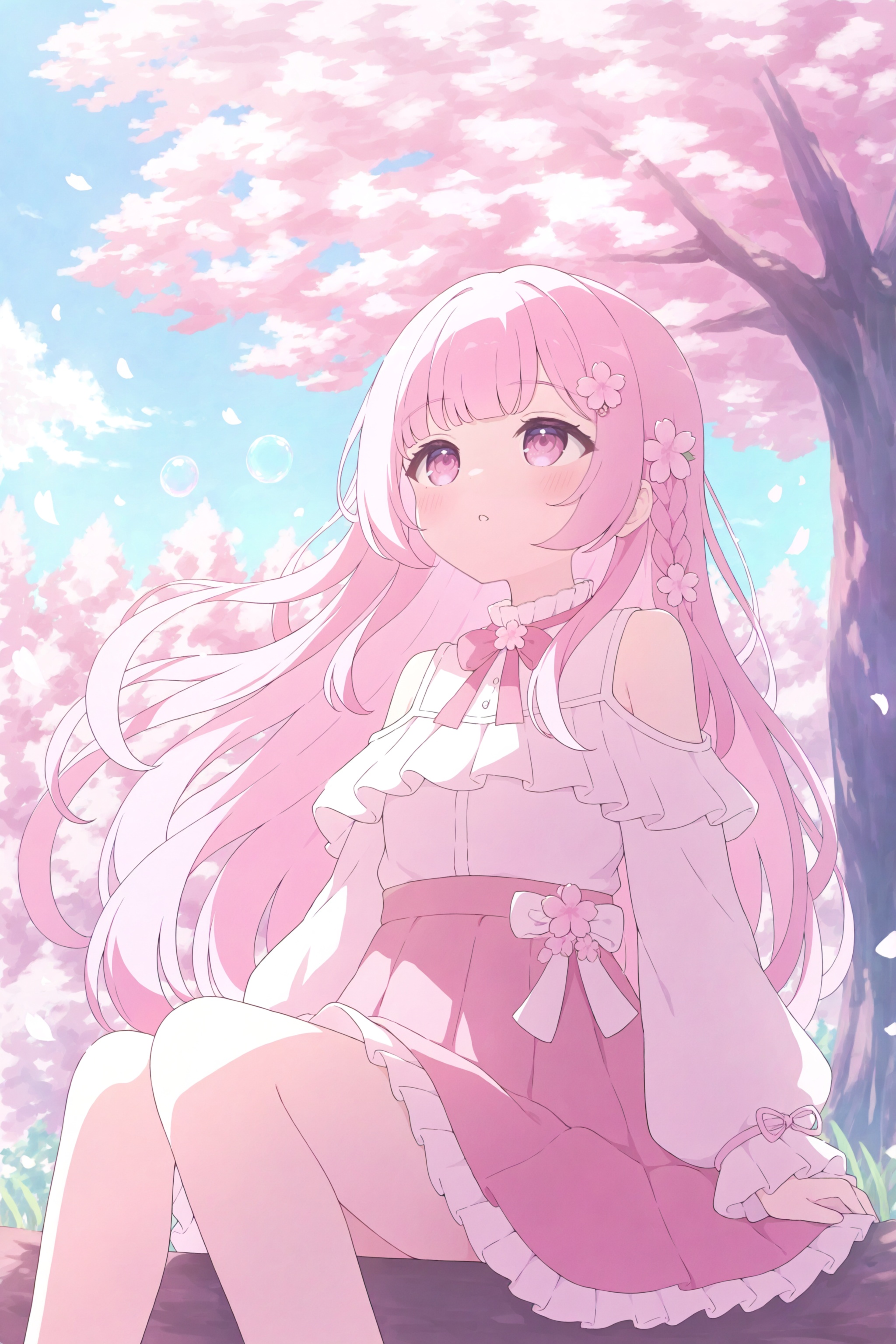 1girl, solo,long hair, bangs, skirt, shirt, hair ornament, long sleeves, ribbon, sitting, very long hair, white shirt, pink hair, braid, flower, outdoors, frills, day, pink eyes, tree, petals, floating hair, frilled skirt, looking up, cherry blossoms, pink flower, puffy long sleeves, pink skirt, bubble, branch, shoulder cutout, pink theme,years2025, very aesthetic, masterpiece, best quality, ultra-detailed, high contrast, huge filesize,<lora:Sora-TYC-XL-v1:0.85>