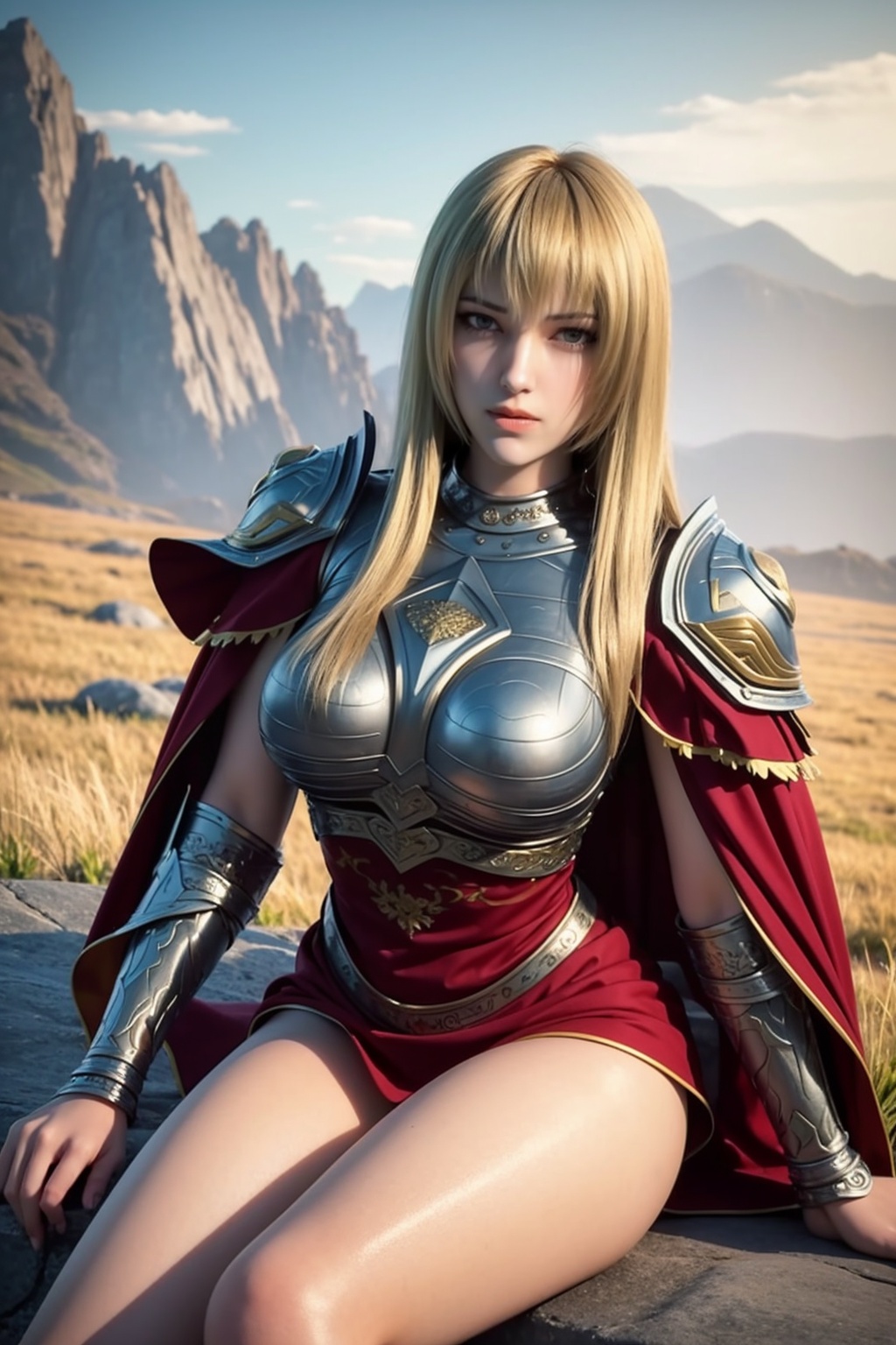ultra realistic 8k cg,picture-perfect face,perfect face,beautiful face,masterpiece,fantasy,detailed background,realistic,perfect female body,curvy body,skindentation:1.3,glowing eyes,intricate detail,cowboy shot,1girl,sitting,(blonde hair),solo,mountain,sky,cape,long hair,rocks,sky,(armor clothes),a woman in a red dress sits on a stone wall with a mountain in the background,(skirt),(thigh),(bangs),<lora:TianShiYan:0.8>,