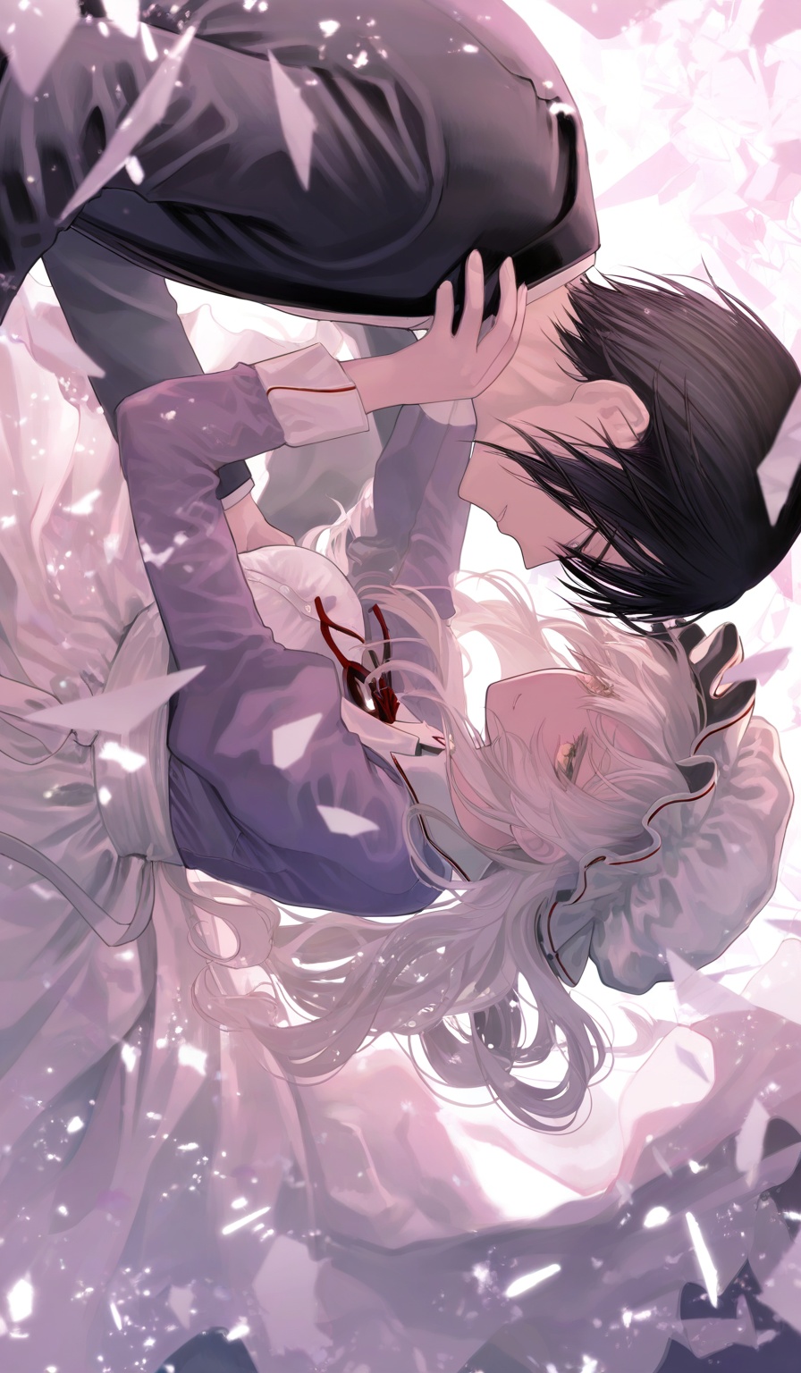 <lora:鵜飼沙樹-Style-000060:1>,highres,absurdres,newest,very awa,masterpiece,best quality,year 2024,(upper body:1.6),1girl, 1boy, dress, black hair, shards, long sleeves, long hair, yellow eyes, broken glass, short hair, falling, mob cap, maribel hearn, hat, looking at another, white hair, black jacket, white dress, white headwear, glass, suit
