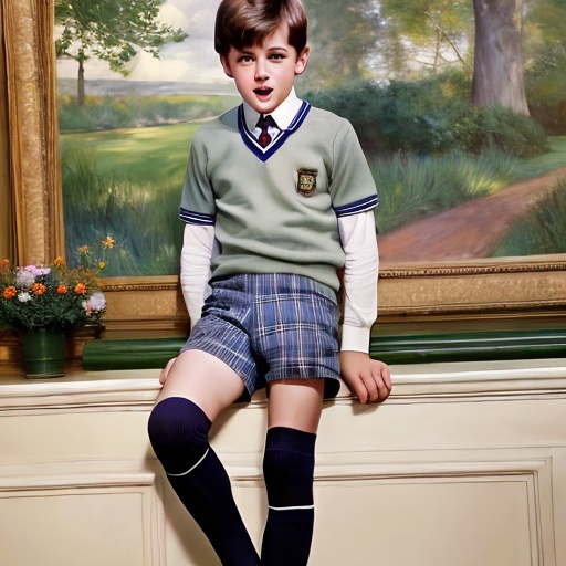 Portrait of a young British schoolboy in a traditional 1960s school uniform,  with shorts and knee-high socks,  realistic...