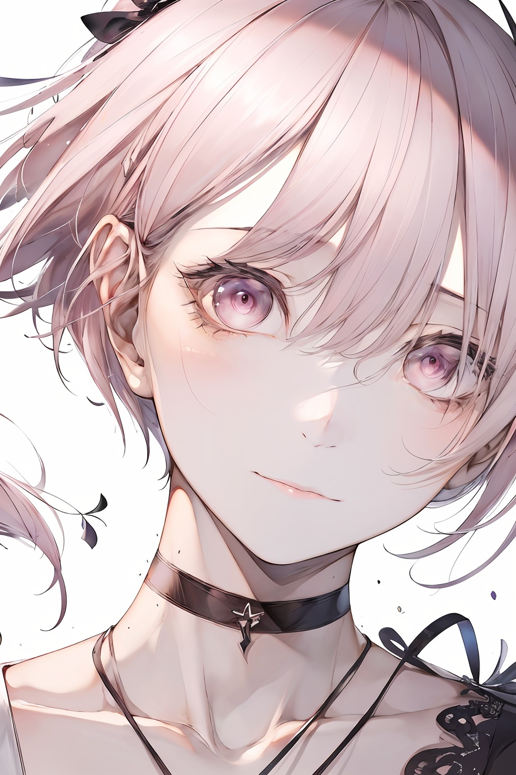 a close-up shot of a girl,1girl,looking at viewer,short hair,bangs,simple background,white background,hair between eyes,closed mouth,white hair,pink eyes,black choker,close-up,<lora:lbc_Girly_v2.0-000006:0.8>,