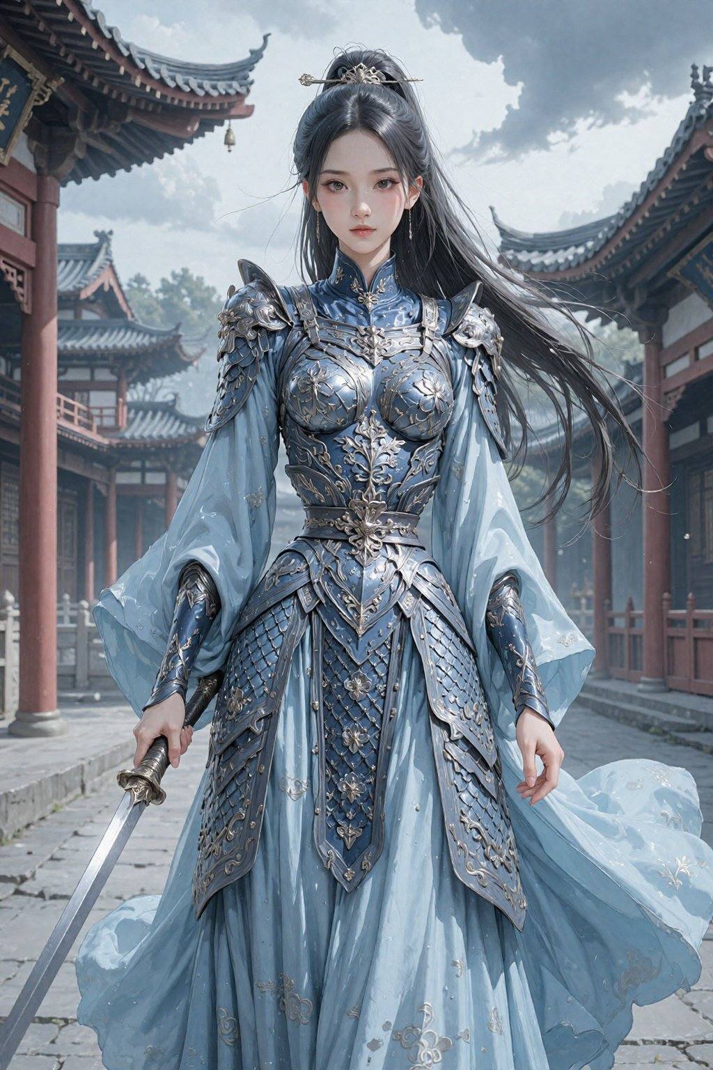 创作一幅年轻女战士自信地站在传统亚洲庭院中的图像。她身着华丽精致的盔甲,  饰以错综复杂的银色细节和深蓝色点缀。盔甲上布满鳞片和花卉图案,  既展现出力量 on Tensor.Art
