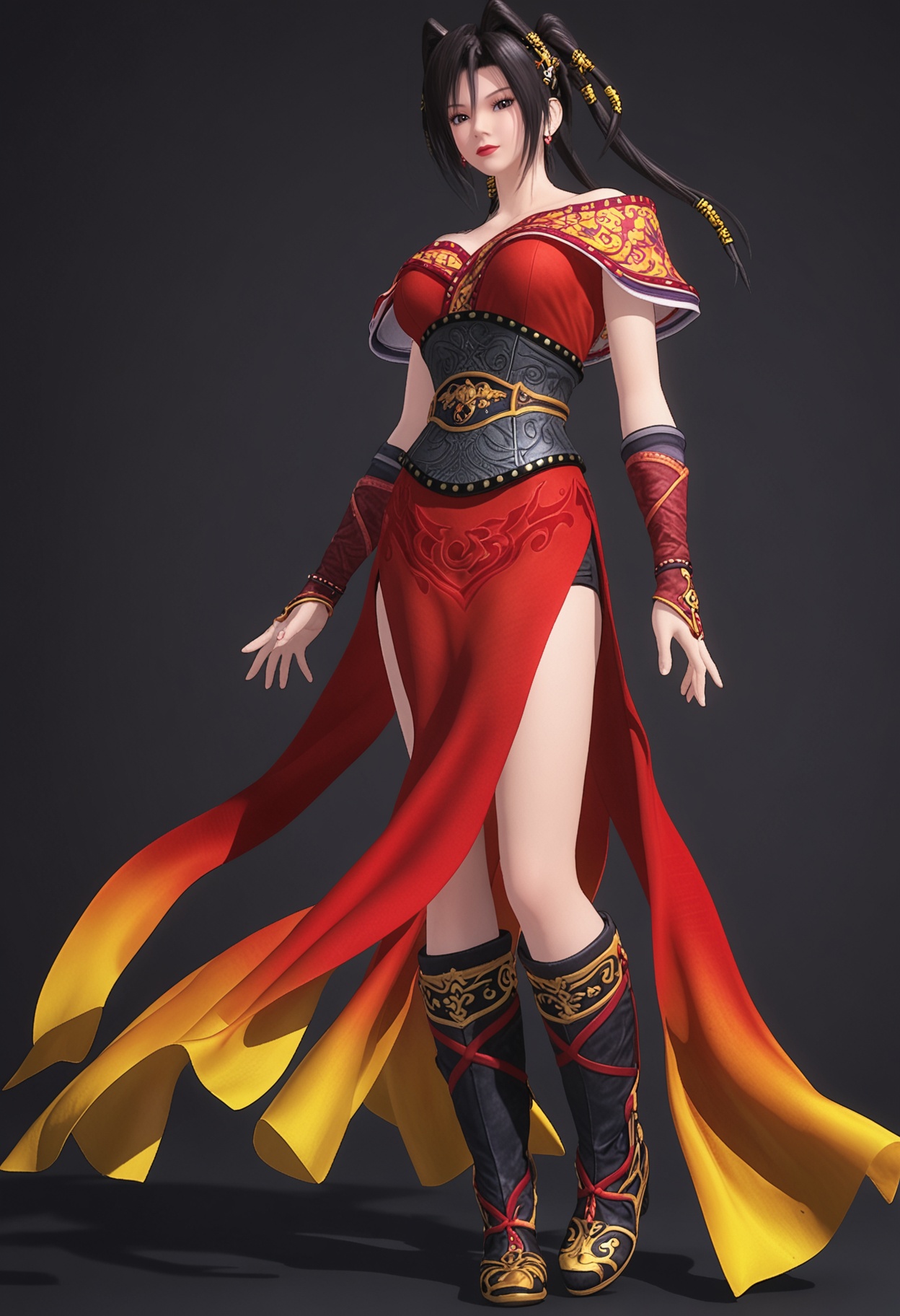 (full_body:1.1),(looking at viewer:1.1),facing viewer,direct gaze,<lora:YQ_pony_cilian_V4:0.8>,1girl,solo,black hair,brown eyes,jewelry,brown hair,earrings,dress,hair ornament,long hair,twintails,red dress,chinese clothes,boots,black eyes,side slit,sash,armor,ponytail,BREAK (white skin:1.1),(fair skin:1.1),(Ivory skin:1.1),(shiny skin),perfect anatomy,(simple background,pure black background,black background:1.1),