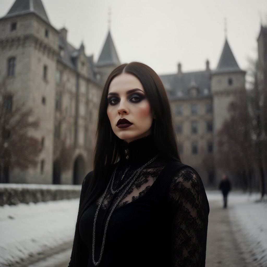 This photograph features a young woman standing in a snowy,  medieval-style courtyard. She has long,  straight on Tensor.Art