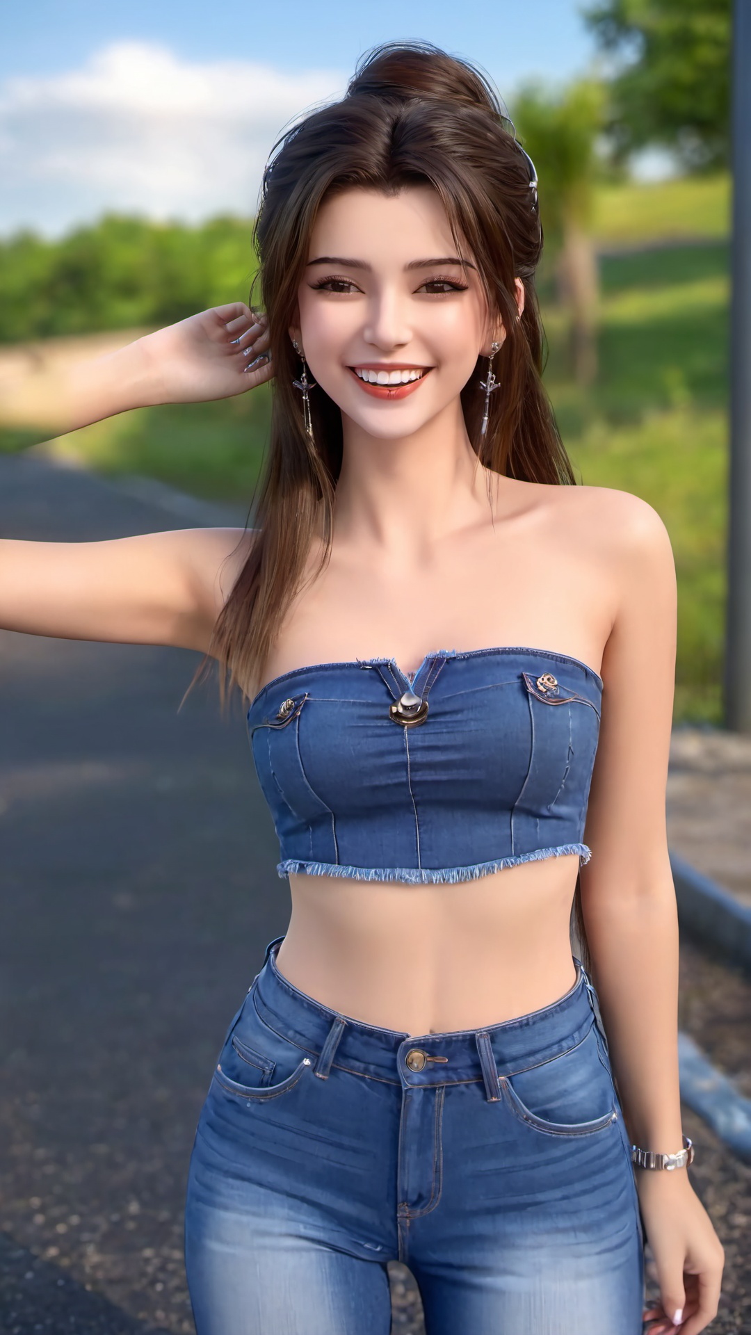 1girl, jewelry, solo, sunglasses, blurry background, ring, smile, long hair, earrings, outdoors, blurry, grin, strapless, pants, brown hair, teeth, bare shoulders, realistic, day, forehead, photo background, denim, lips, tube top, clothes writing, midriff, facing viewer, collarbone, navel, shirt,<lora:仙逆-王林-马良-李慕婉合一:0.83>,