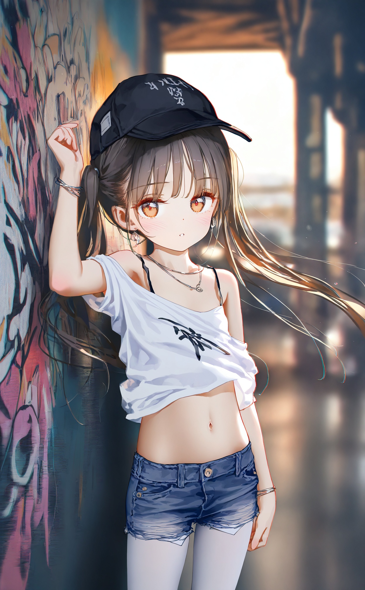 masterpiece,best quality,high quality,loli,chromatic_aberration,Light Blue Theme,//,loli,1girl,denim_shorts,shorts,denim,jewelry,necklace,solo,hat,graffiti,pantyhose,navel,twintails,long_hair,blue_shorts,shirt,looking_at_viewer,white_shirt,black_headwear,white_pantyhose,arm_up,cutoffs,short_shorts,baseball_cap,midriff,crop_top,earrings,short_sleeves,orange_eyes,standing,off_shoulder,single_bare_shoulder,parted_lips,brown_hair,clothes_writing,bracelet,against_wall,stomach,blush,star_\(symbol\),black_hair,brown_eyes,breasts,outdoors,//,year_2023,year_2024,year_2025,(artist:ningen_mame:0.9),(artist:sho_(sho_lwlw):0.9),(artist:rhasta:0.9),(artist:wlop:0.7),(artist:ke-ta:0.6),(fkey:0.5),(tianliang duohe fangdongye:0.5),(hiten \(hitenkei\):0.6),//,official art,depth of field,detailed light,blurry background,cinematic lighting,ray tracing,ultra detailed,god rays,backlighting,photo background,film grain,chromatic aberration,volumetric lighting,depth of field,blurry background,shiny skin,floating hair,cinematic lighting,day,very aesthetic,