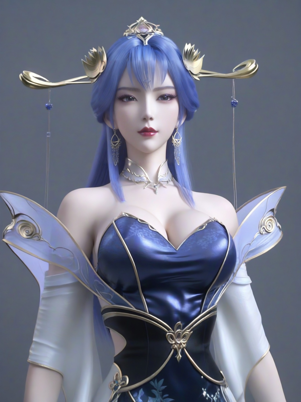 score_9,1girl,solo,dress,long hair,standing,earrings,hair ornament,blue hair, eyelashes, large breasts,bare shoulders,standing,lipstick,upper body,looking at viewer,simple background,<lora:SF_TianQiong_Pony_Realism2.3-000004:0.7>,