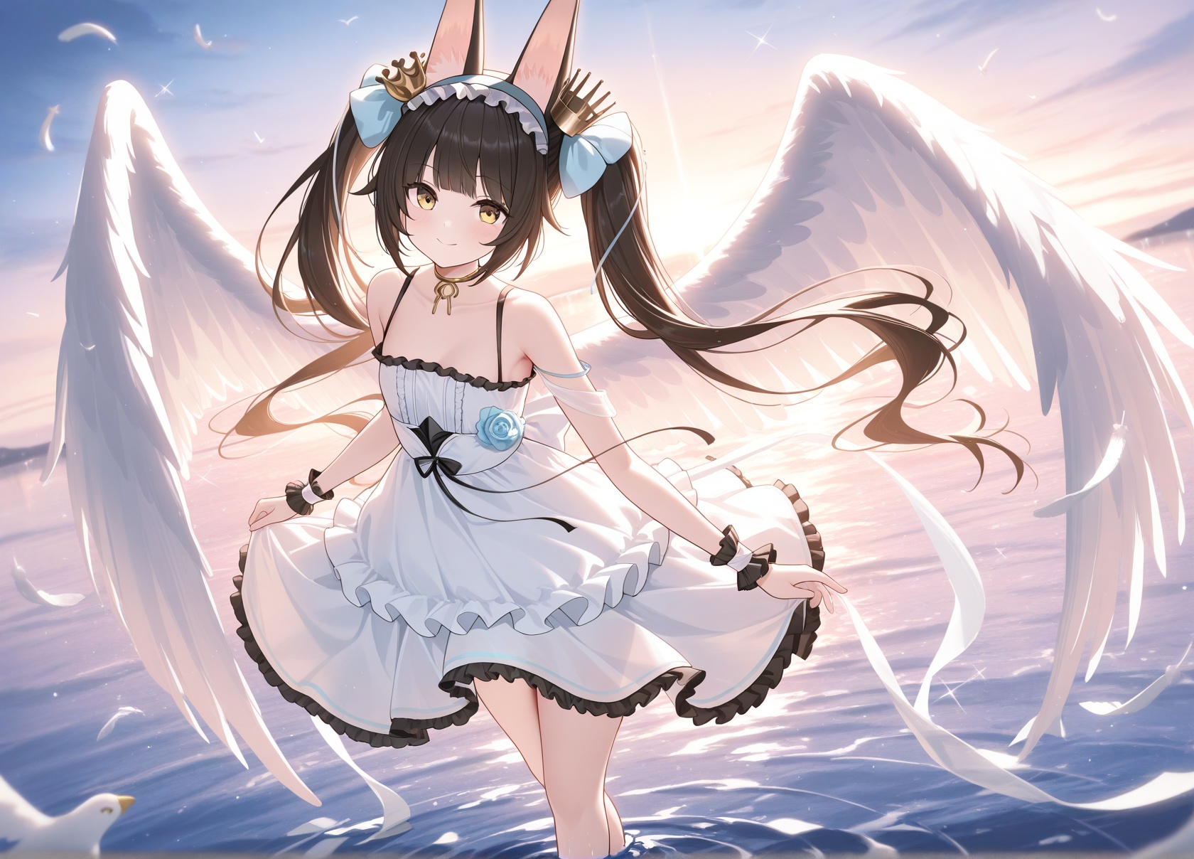 <lora:nagato_IL_v1.0:1>,nagato \(guardian fox's procession\) \(azur lane\),frilled dress,crown,twintails,hairband,angel wings,looking at viewer,standing on liquid,smile,, masterpiece,best quality,