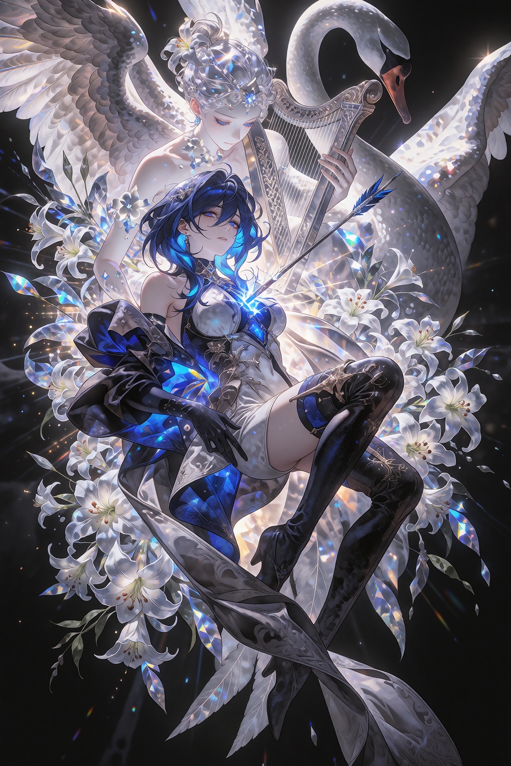 A medium full shot depicts a short blue-haired woman in a white dress,  dark gloves,  and thigh-high boots leaning back as...