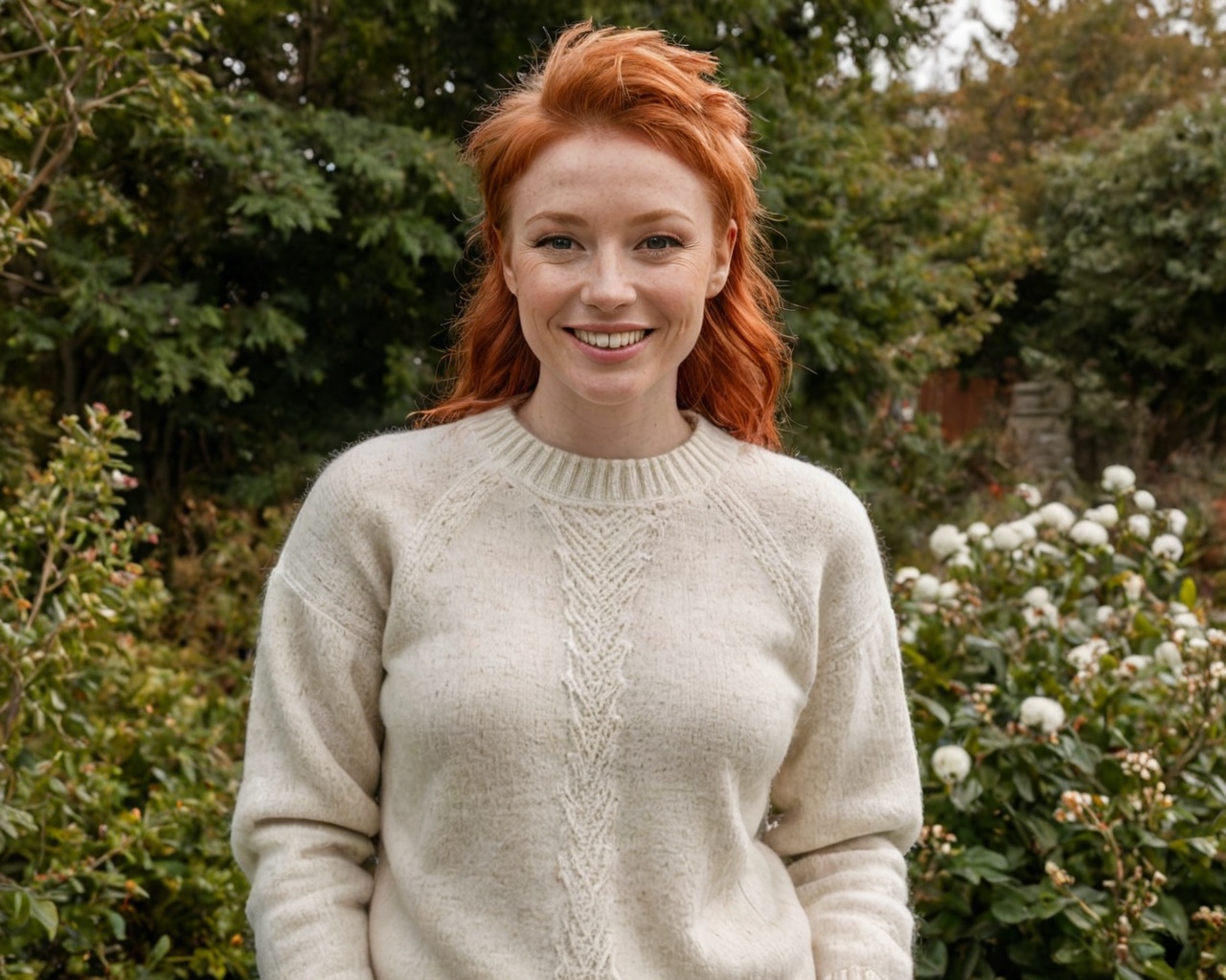 a beautiful ginger woman with red hair styled shaggy smiling wearing a white wool sweater in a garden on Tensor.Art