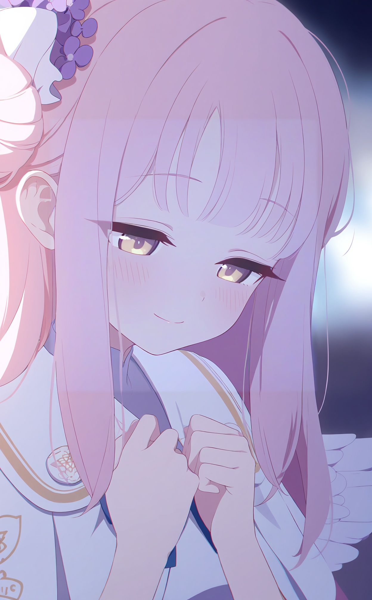 masterpiece,highres,absurdres,newest,best quality,high quality,loli,petite,chromatic_aberration,//,1girl,mika (blue archive),solo,pink hair,single side bun,hair bun,long hair,yellow eyes,smile,hair ornament,wings,hair flower,flower,white capelet,white wings,portrait,closed mouth,capelet,purple flower,white dress,dress,half-closed eyes,angel wings,blush,blurry,looking down,feathered wings,//,<lora:ba44——【noob】hans:1>,