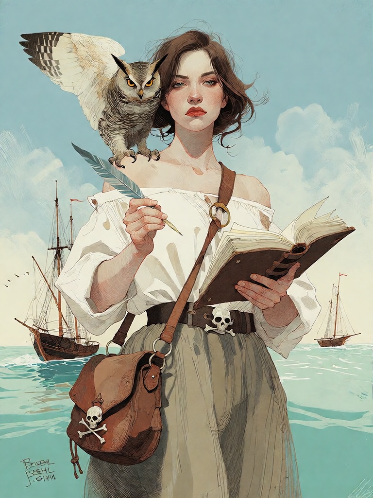 Bradhamel art style. A young woman with brown hair and a determined expression stands on a wooden pier overlooking turquoi...