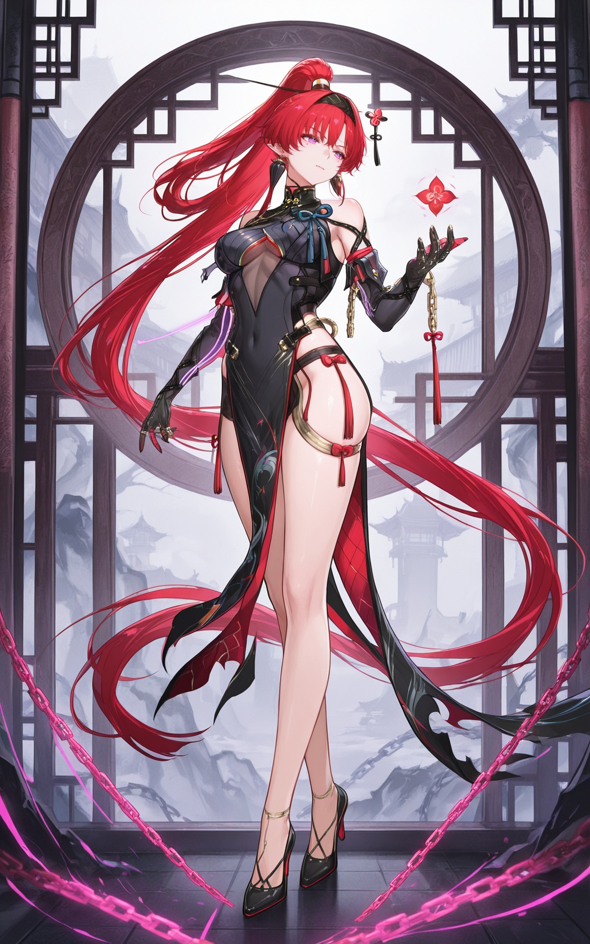 <lora:Realistic illustration-v1:0.6>,Realistic illustration,from_side,<lora:XL_ill_yinlin(wuthering waves)_v1:0.8>,yinlin\(wuthering waves\),1girl,solo,long hair,very long hair,ponytail,red hair,purple eyes,high heels,chain,china dress,dress,black dress,full body,