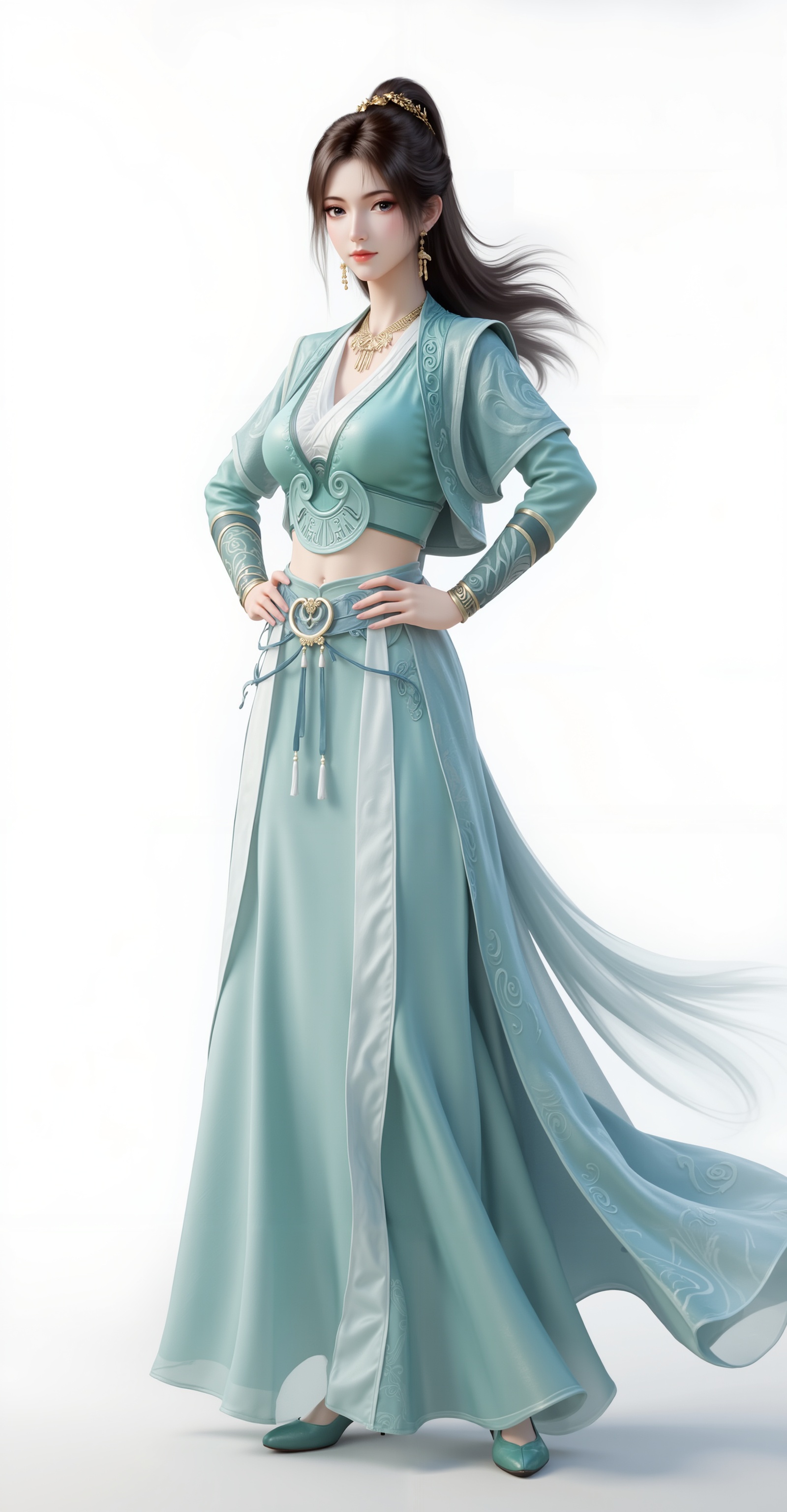 <lora:慕沛灵·6:1.1>,mupeiling,1girl,solo,jewelry,earrings,brown hair,skirt,ponytail,long hair,full body,white_background,cover,gradient background,close-up details,outstanding style,adding a touch of dimension to your images without compromising details,close-up,<lora:DJ滤镜_2.5D版:0.3>,lvjing,<lora:油画唯美滤镜15:0.2>,baoshi,