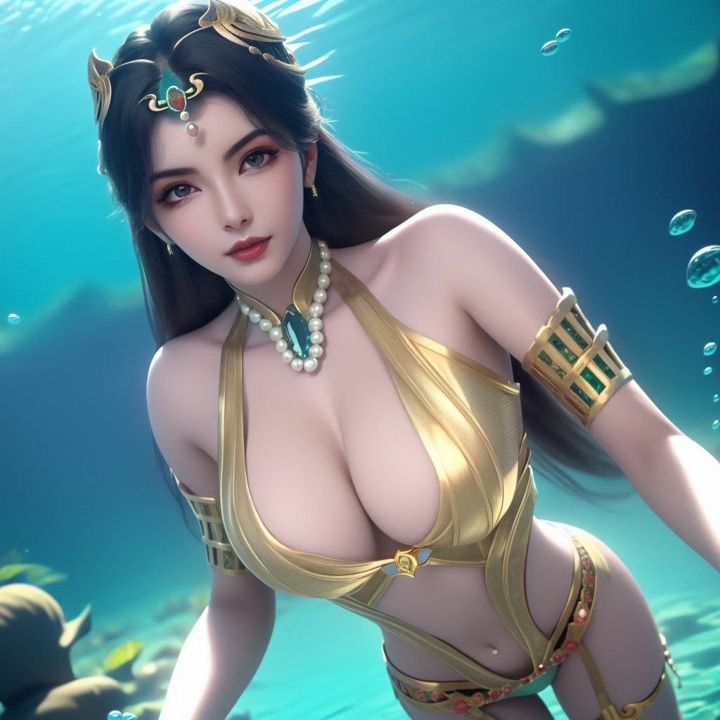 <lora:780-DA-神澜奇域-主持人:0.8>, (,1girl, ,best quality, ),looking at viewer,masterpiece, ((((, solo,  , ,solo focus, ,underwater, )))) ,ultra realistic 8k cg,   clean, masterpiece,     cinematic lighting, cinematic bloom,  (( , )),, , unreal, science fiction, luxury, jewelry, diamond, gold, pearl, gem, sapphire, ruby, emerald, intricate detail, delicate pattern, charming, alluring, seductive, erotic, enchanting, hair ornament, necklace, earrings, bracelet, armlet,,(cleavage),,