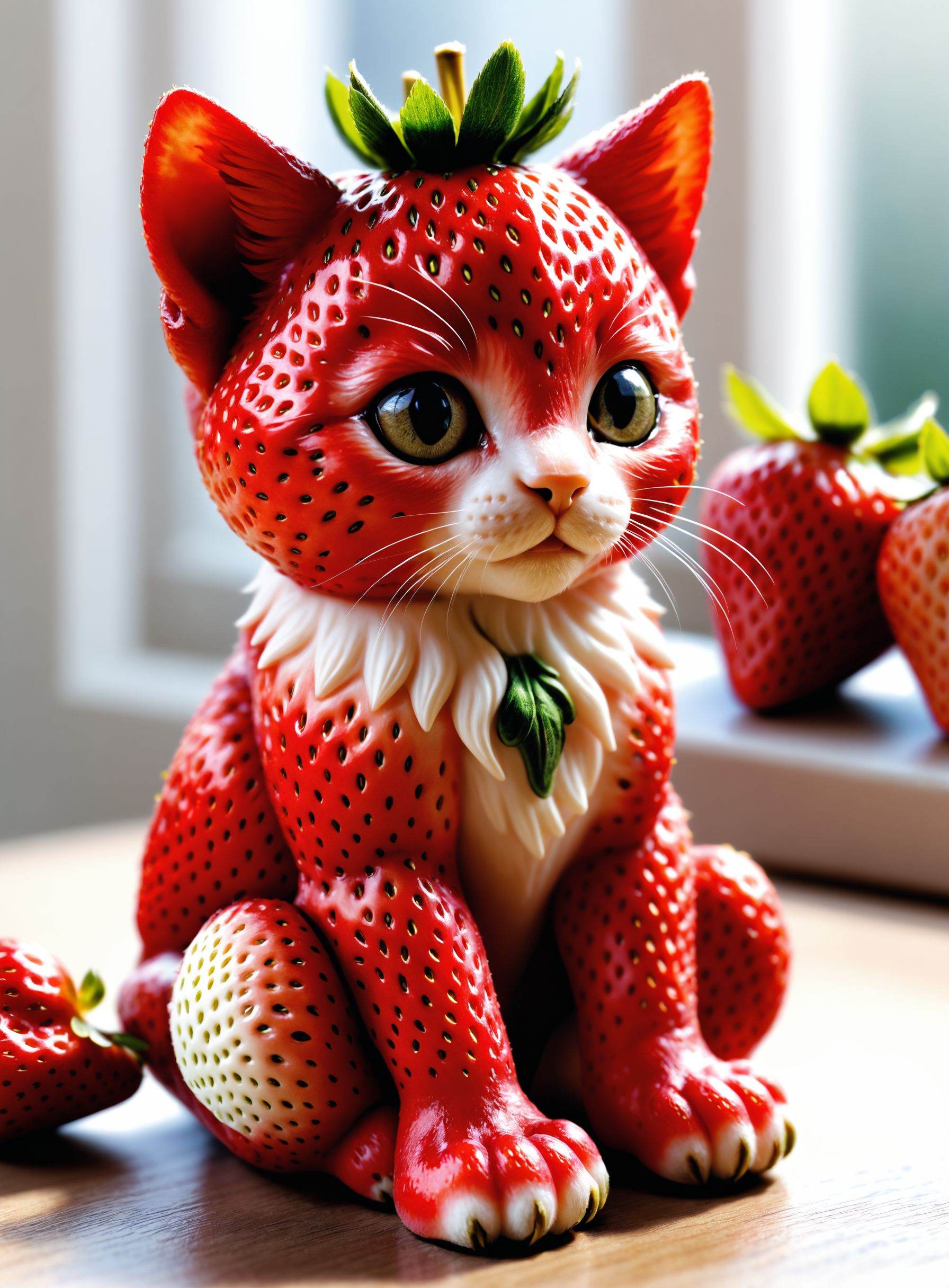 detailed realistic close up of a strawberry shaped like a kitten,  sitting,  natural light on Tensor.Art