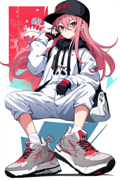 niji,1girl,best quality, masterpiece, anime, female, pink hair, white outfit, hat, black sneakers, left hand holding something red, background with text and abstract patterns, face covered by a grey square