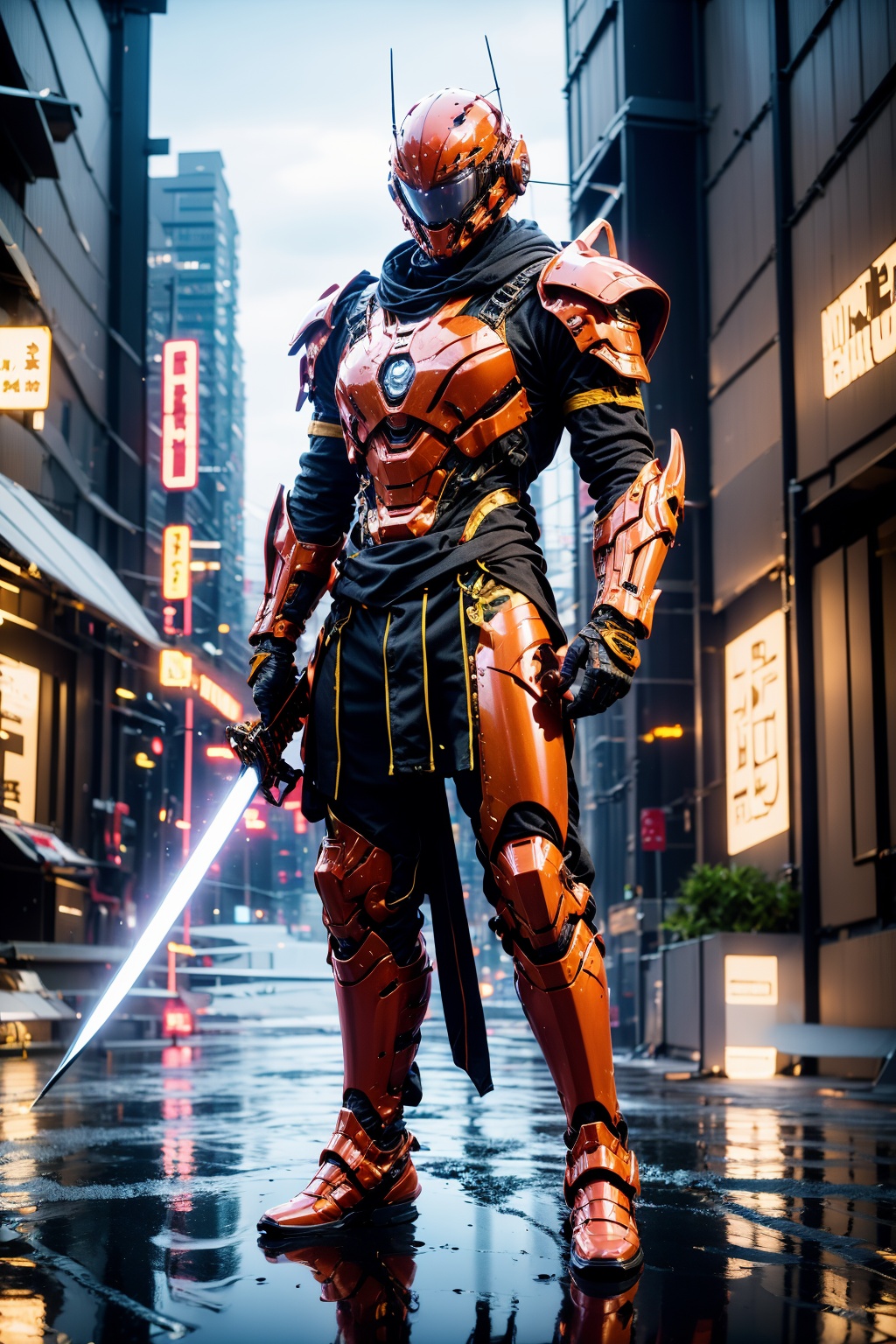 motor vehicle, armor, car, city, 1boy, solo, male focus, reflection, outdoors, science fiction, sword, weapon, standing, street, helmet, road, antennae, full armor, rain, building, full body, puddle, breastplate, glowing, shoulder armor, boots, sheath, tokusatsu, gauntlets, sheathed, cyberpunk, cityscape, power lines