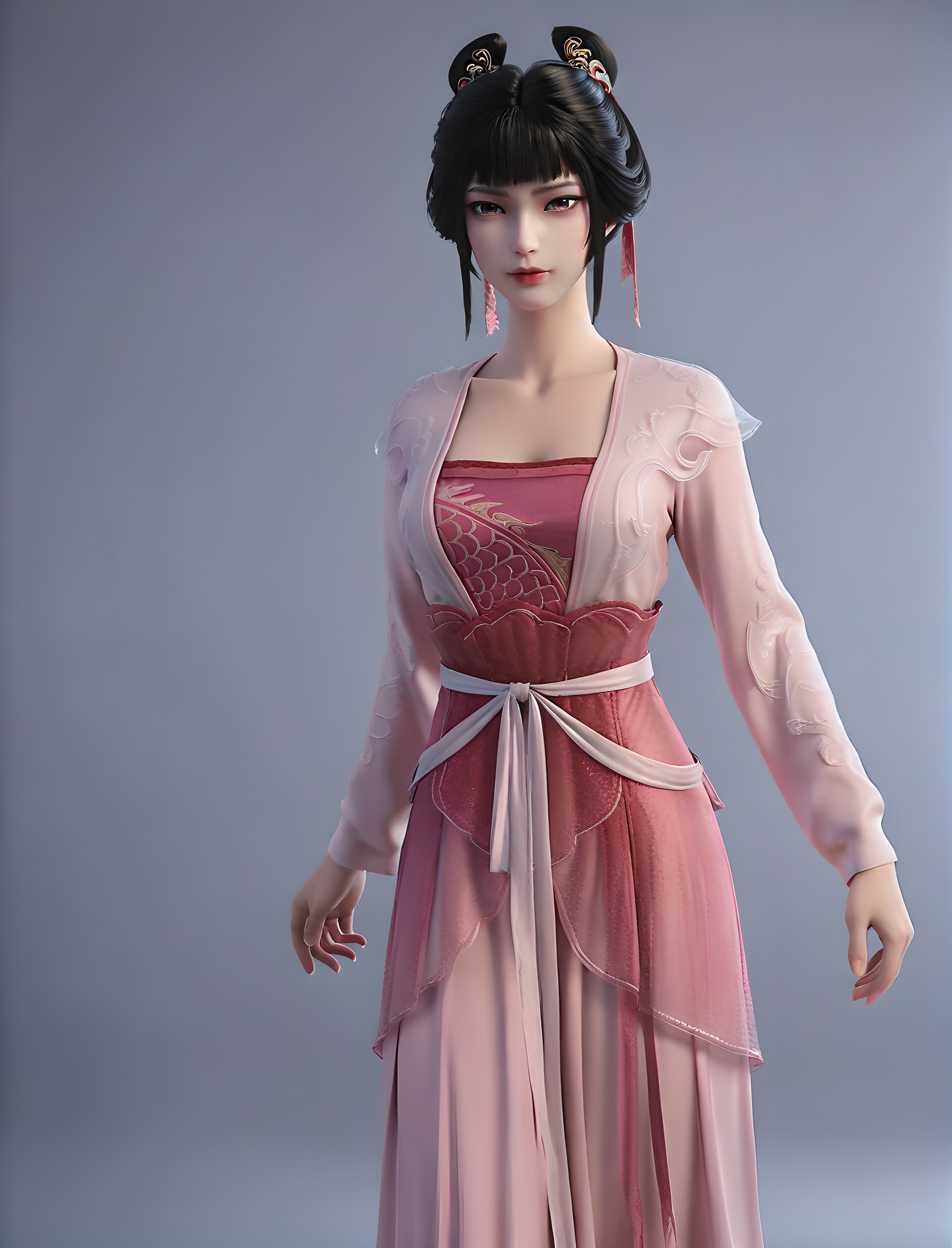 fair_skin,white_skin,Ivory_skin,score_9,<lora:SF_ZhiGui_Pony_Realism-000004:0.72>,pink dress,hair ornament,black hair,1girl,standing,breasts,long sleeves,solo,looking at viewer,simple background,cowboy_shot,