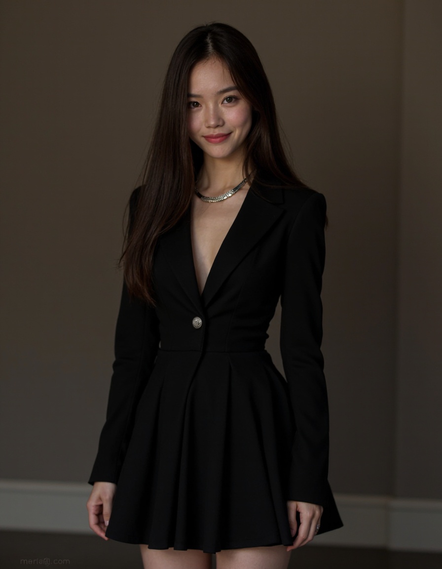 HDR photo of cinematic film still, 1girl, smirk, solo, long hair, jewelry, necklace, long sleeve dress, suit, pleated dress, short skirt, looking at viewer, dress, pale skin, full body,