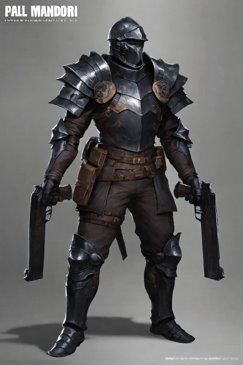 1boy,7-mandalorianarmour,armor,belt,copyright name,dual wielding,full body,gun,helmet,holding weapon,male focus,pauldrons,realistic,science fiction,shoulder armor,solo,weapon,