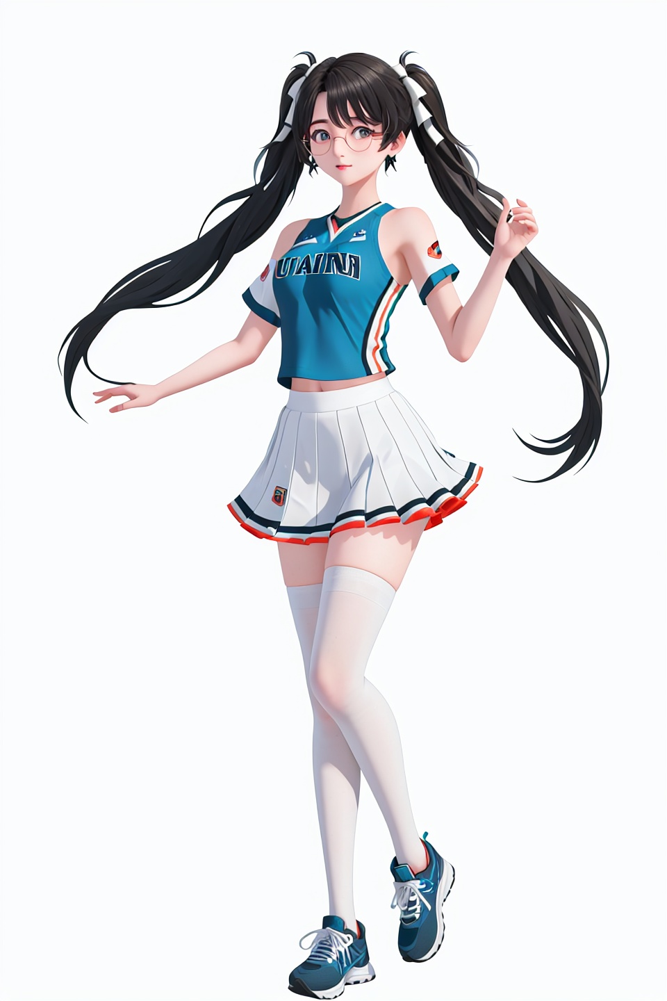 8k, best quality, masterpiece, (ultra-detailed), (white background,simple background), solo, (full body:1.1), looking at viewer, <lora:zhezhi-sd-Tanger:0.7>, zhezhi, 1girl, long hair, black hair, glasses, twintails, cheerleader, 