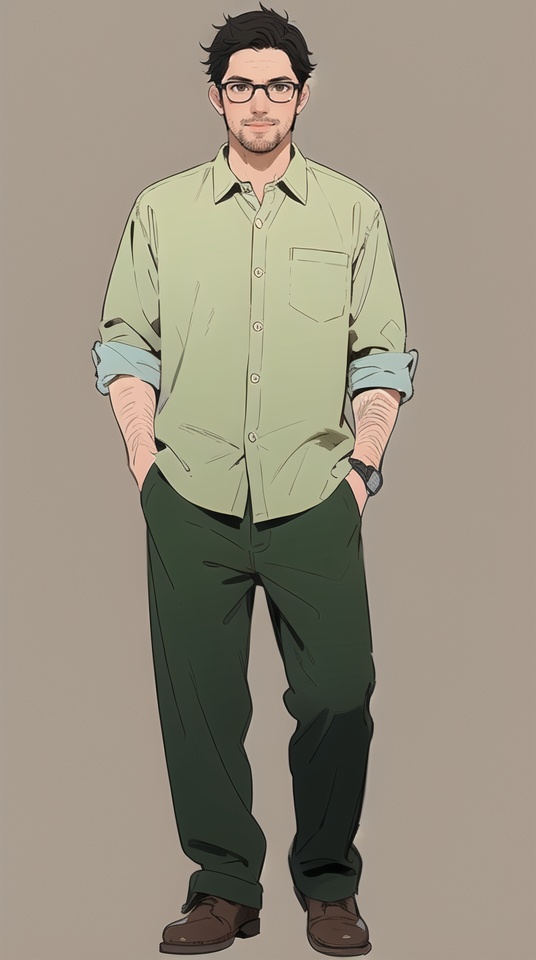 (best quality), ((masterpiece)), (highres), illustration, original, extremely detailed,jjj, 1boy, male focus, solo, shirt, pants, glasses, full body, smile, facial hair, white background, watch, collared shirt, simple background, wristwatch, shoes, brown footwear, yellow shirt, hands in pockets, black hair, short hair, green pants, standing, green shirt, sleeves rolled up, brown shirt, stubble, brown eyes, pocket, black-framed eyewear