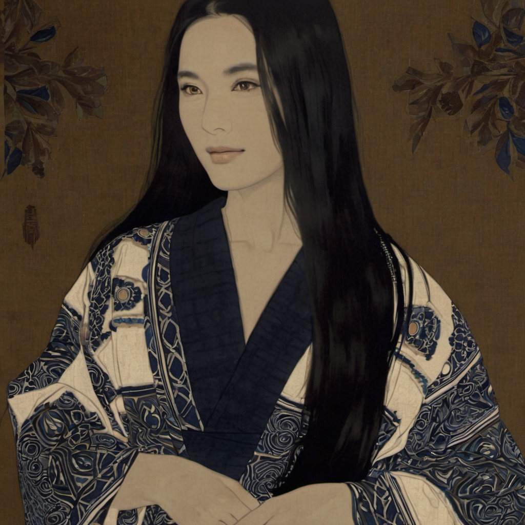 <lora:ukiyo-e_xl_v2:1>,1girl, solo, long_hair, looking_at_viewer, smile, black_hair, closed_mouth, upper_body, japanese_clothes, kimono, head_tilt, unmoving_pattern, seigaiha, asa_no_ha_\(pattern\), black_eyes, lips, a portrait of a woman with long and dark hair, She has a serene expression and with her eyes looking directly at the viewer, The woman is wearing a traditional-looking garment with intricate patterns, predominantly in shades of blue and white, The background is a muted brown and which contrasts with the vibrant colors of her attire, There's also a signature or mark on the top right corner possibly indicating the artist's name or the year of creation, woman, long, dark, hair, serene, expression, viewer, traditional-looking garment, intricate patterns, shades of blue and white, muted brown, signature, year of creation