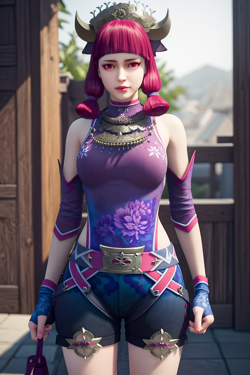 (best quality,masterpiece:1.2),ultra detailed,8k,RAW photo,realistic,photorealistic,ultra-detailed,intricate detail,extremely detailed,delicate pattern,looking at viewer,<lora:C_不良人_蚩梦_MAY_:0.7>,1girl,solo,pink hair,horns,red eyes,makeup,bangs,pink eyes,hair ornament,blunt bang,bare shoulders,detached sleeves,blet,shorts,fingerless gloves,gourd,standing,