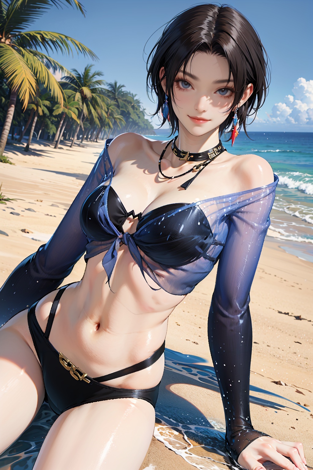 weiqing,looking at viewer,1girl,solo,closed mouth,Best quality,masterpiece,ultra high res,<lora:weiqing1r-000005:0.7>,medium breasts,(smile:1.1),(water:1.1),outdoors,ocean,(beach:1.1),palm tree,(on side:1.1),lying,